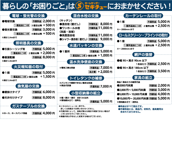 交換・取付料金表一例