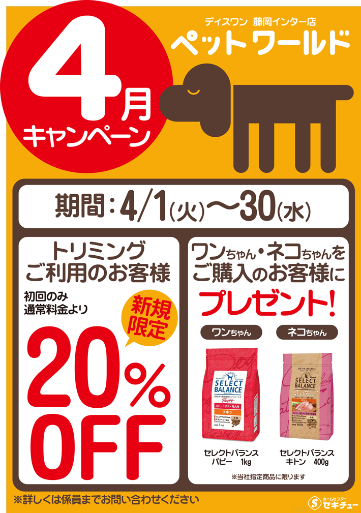 藤岡インター店ペットワールド ディスワン4月のキャンペーン
