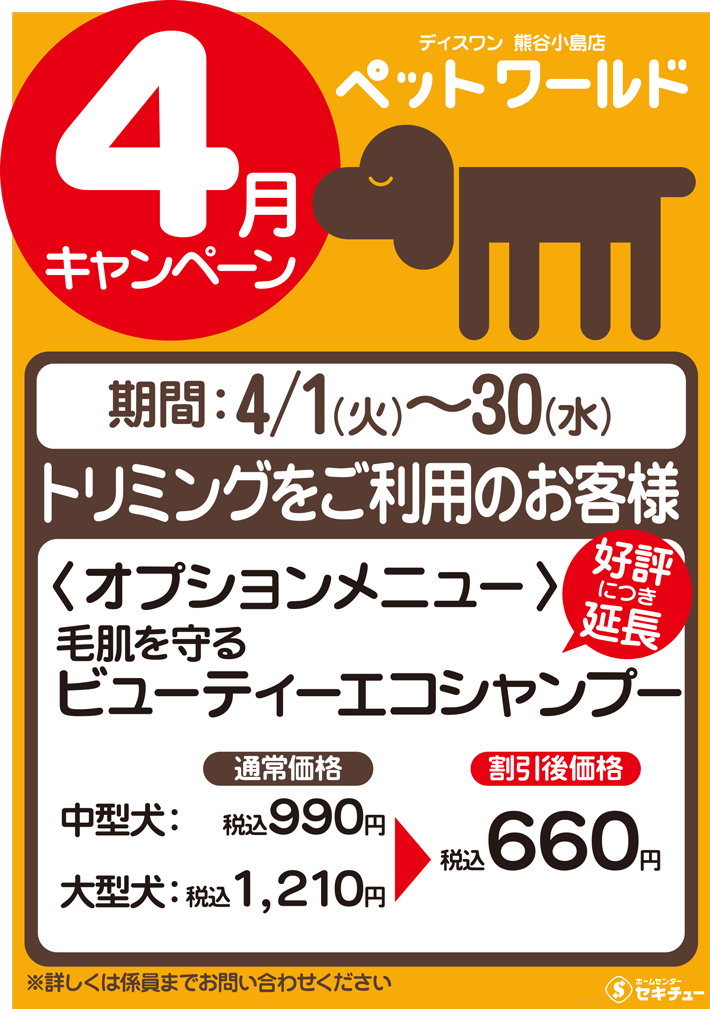 熊谷小島店ペットワールド ディスワン4月のキャンペーン